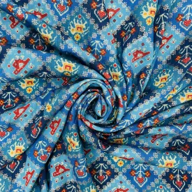 Blue ikkat patola with gold foil Chanderi Jacquard Fabric