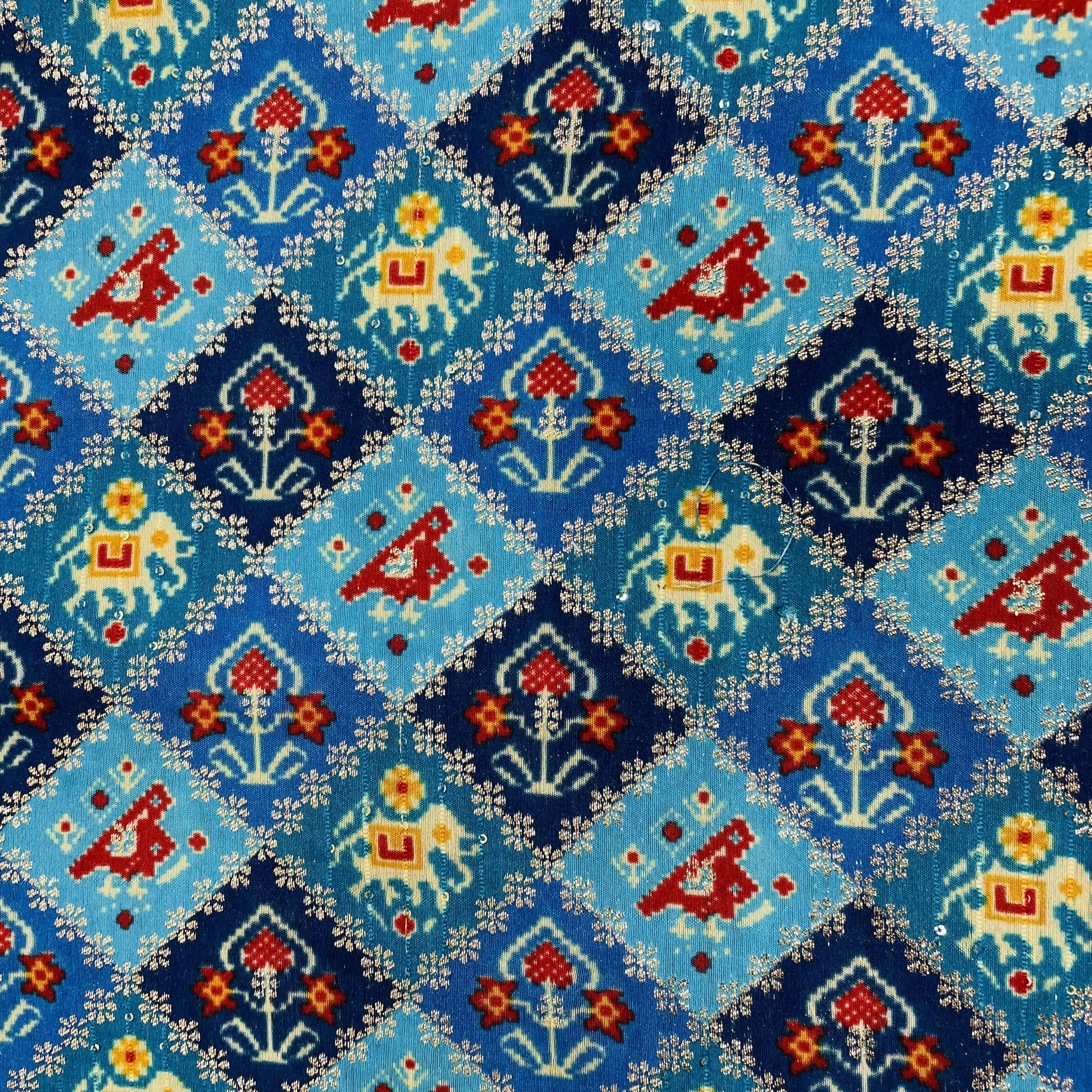 Blue ikkat patola with gold foil Chanderi Jacquard Fabric