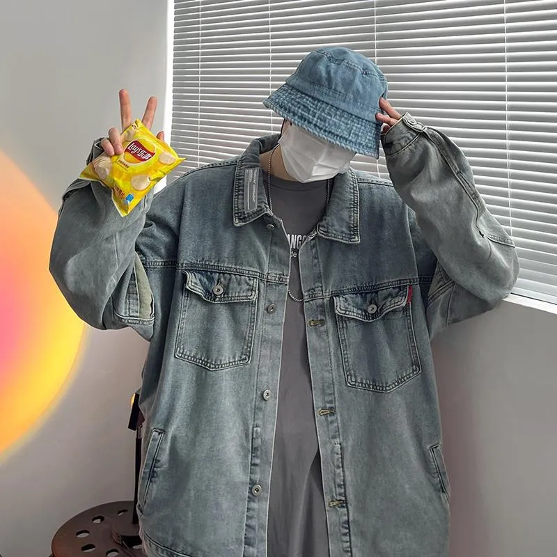 Bonsir 90s streetwear Denim Coat Men's Autumn Hong Kong Style Youth All-Matching Clothes Ins Korean Style Trendy Loose plus Size Jacket