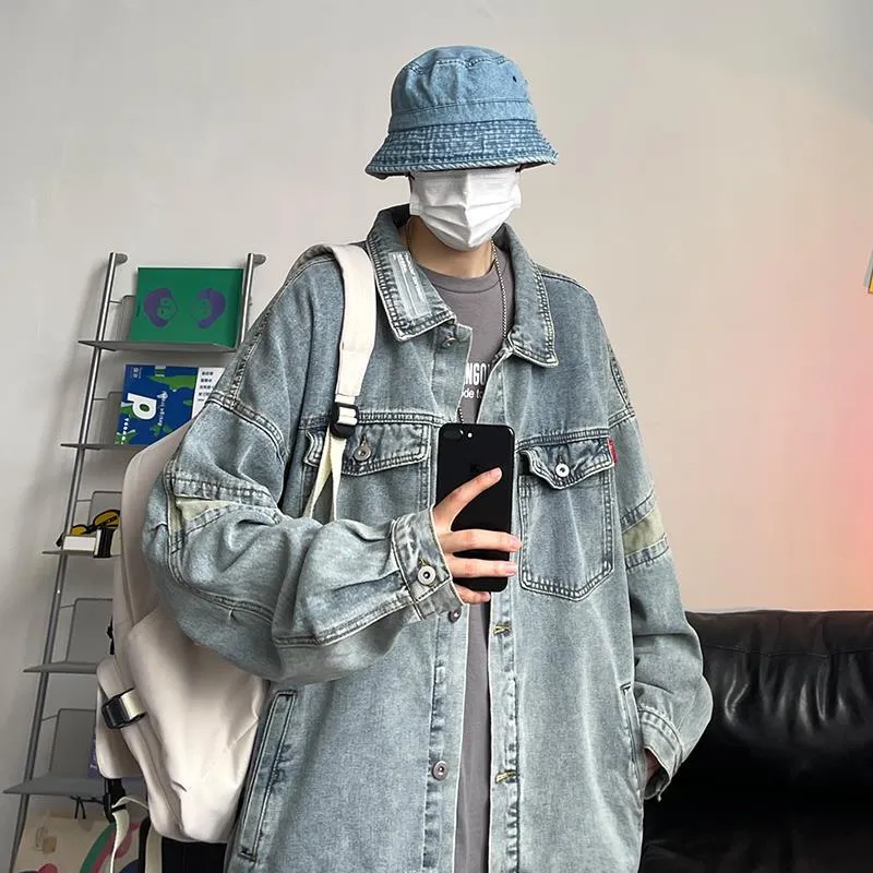 Bonsir 90s streetwear Denim Coat Men's Autumn Hong Kong Style Youth All-Matching Clothes Ins Korean Style Trendy Loose plus Size Jacket