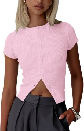 Cioatin Women Button Down Open Front Short Sleeve Crop Tee Tops Y2K Crew Neck Slim Fit Ribbed Cardigan Tshirt Workout