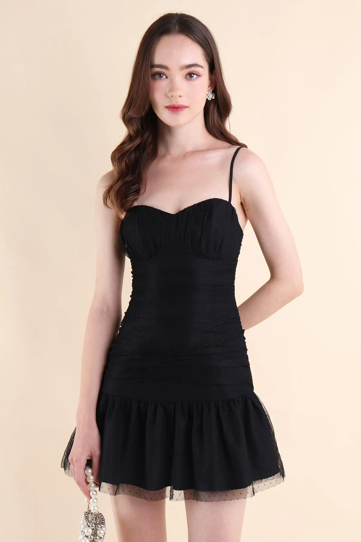 CORALIE SWISS DOT RUCHED DRESS IN BLACK