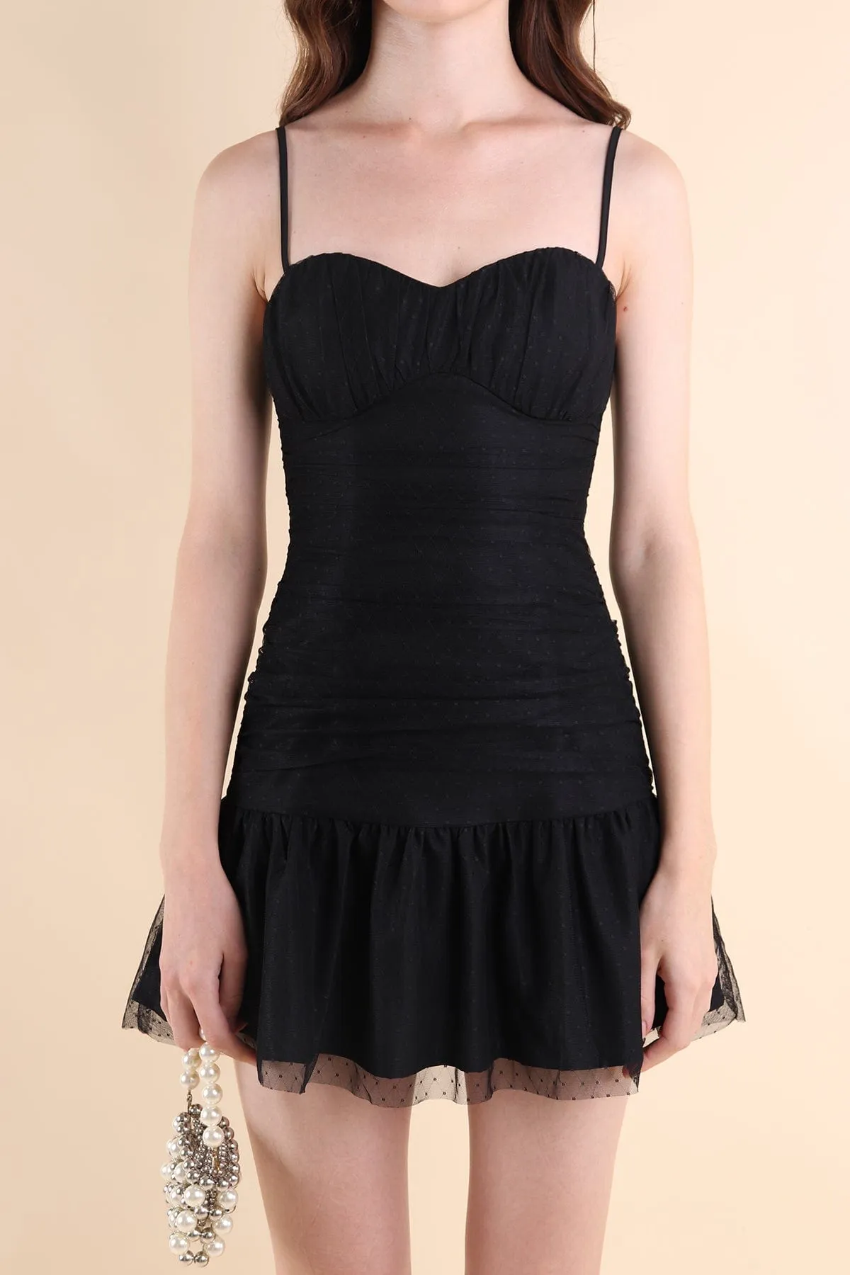 CORALIE SWISS DOT RUCHED DRESS IN BLACK