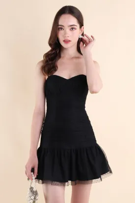CORALIE SWISS DOT RUCHED DRESS IN BLACK