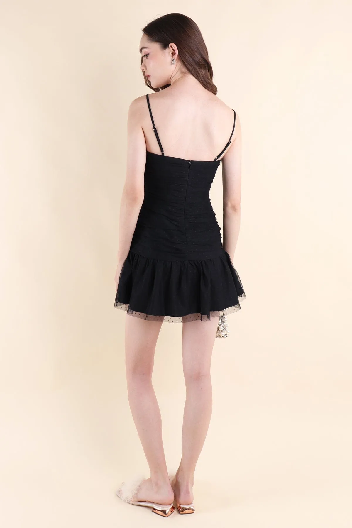 CORALIE SWISS DOT RUCHED DRESS IN BLACK