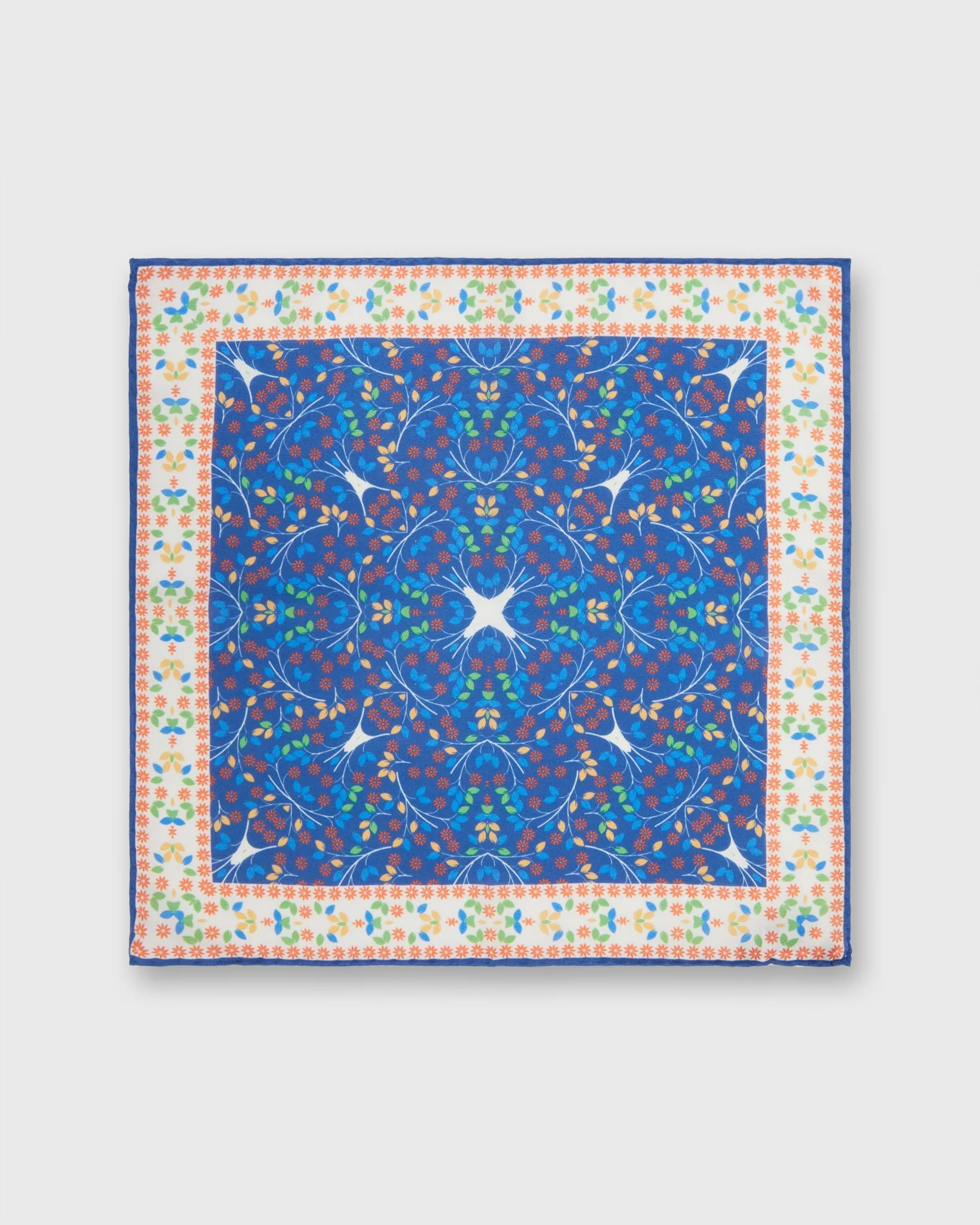 Cotton/Linen Print Pocket Square in Blue/Orange Multi Florals