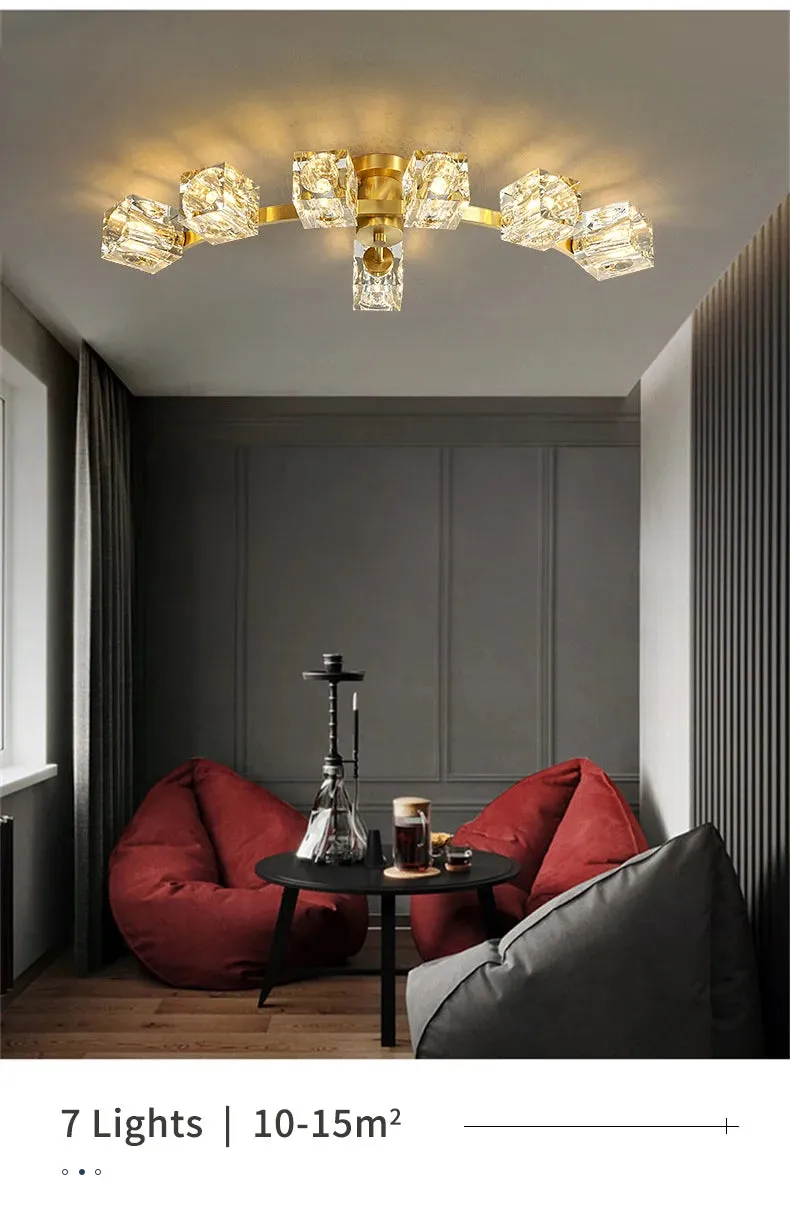 Cube Design Luxury K9 Crystal Modern Golden Copper Ceiling Lamp