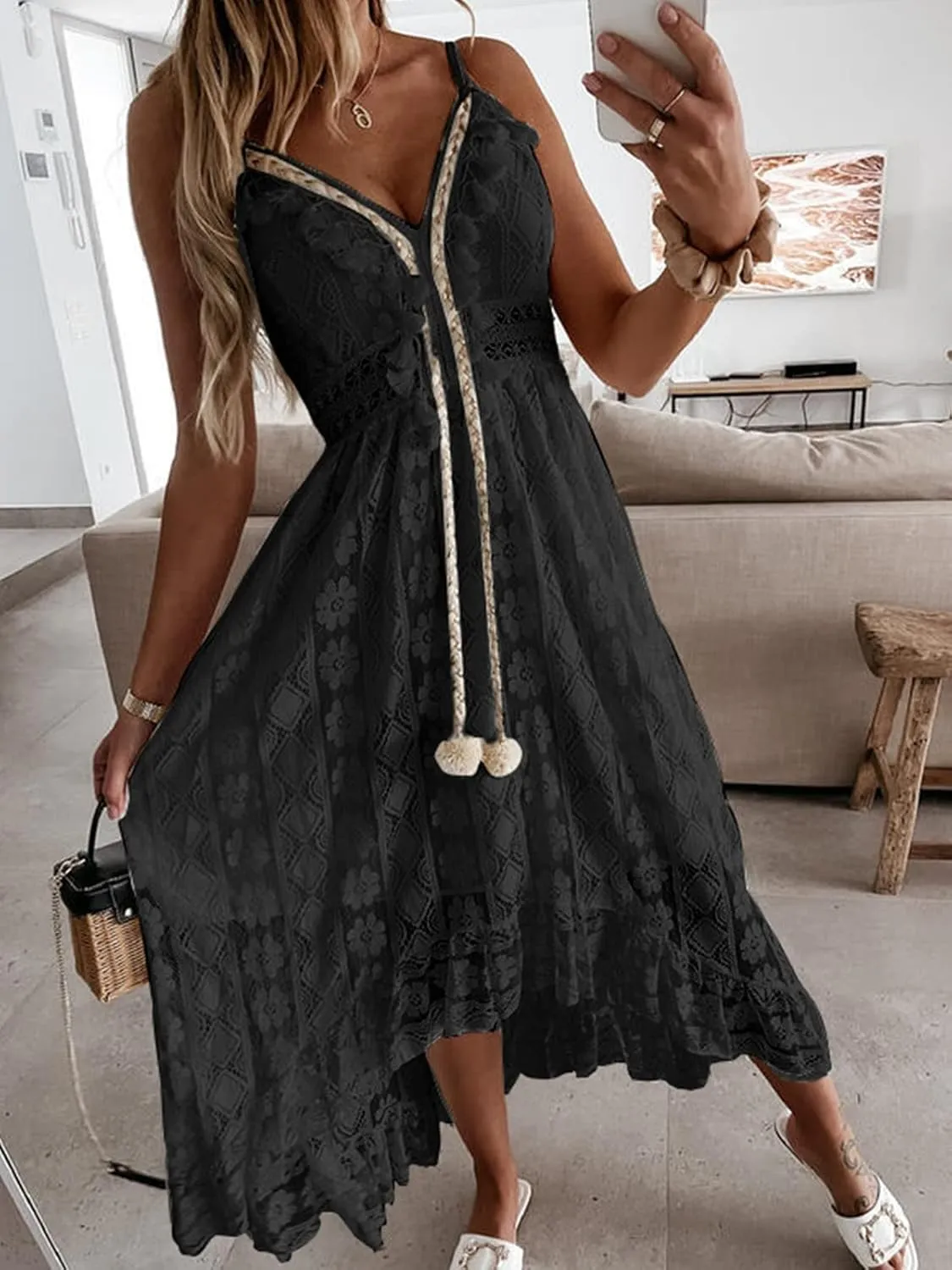 CUPSHE Women's Summer Dresses Sleeveless Lace Casual Tassel Beach Spaghetti Straps Flowy Maxi Sun Dress