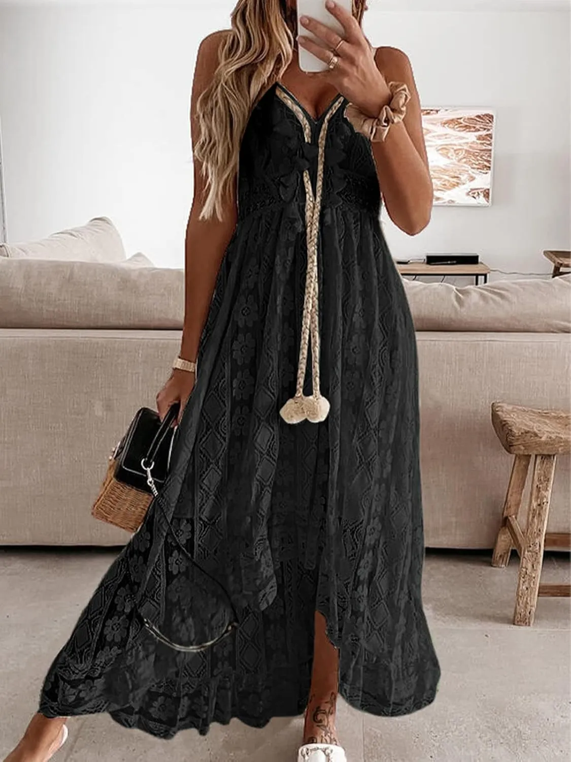 CUPSHE Women's Summer Dresses Sleeveless Lace Casual Tassel Beach Spaghetti Straps Flowy Maxi Sun Dress