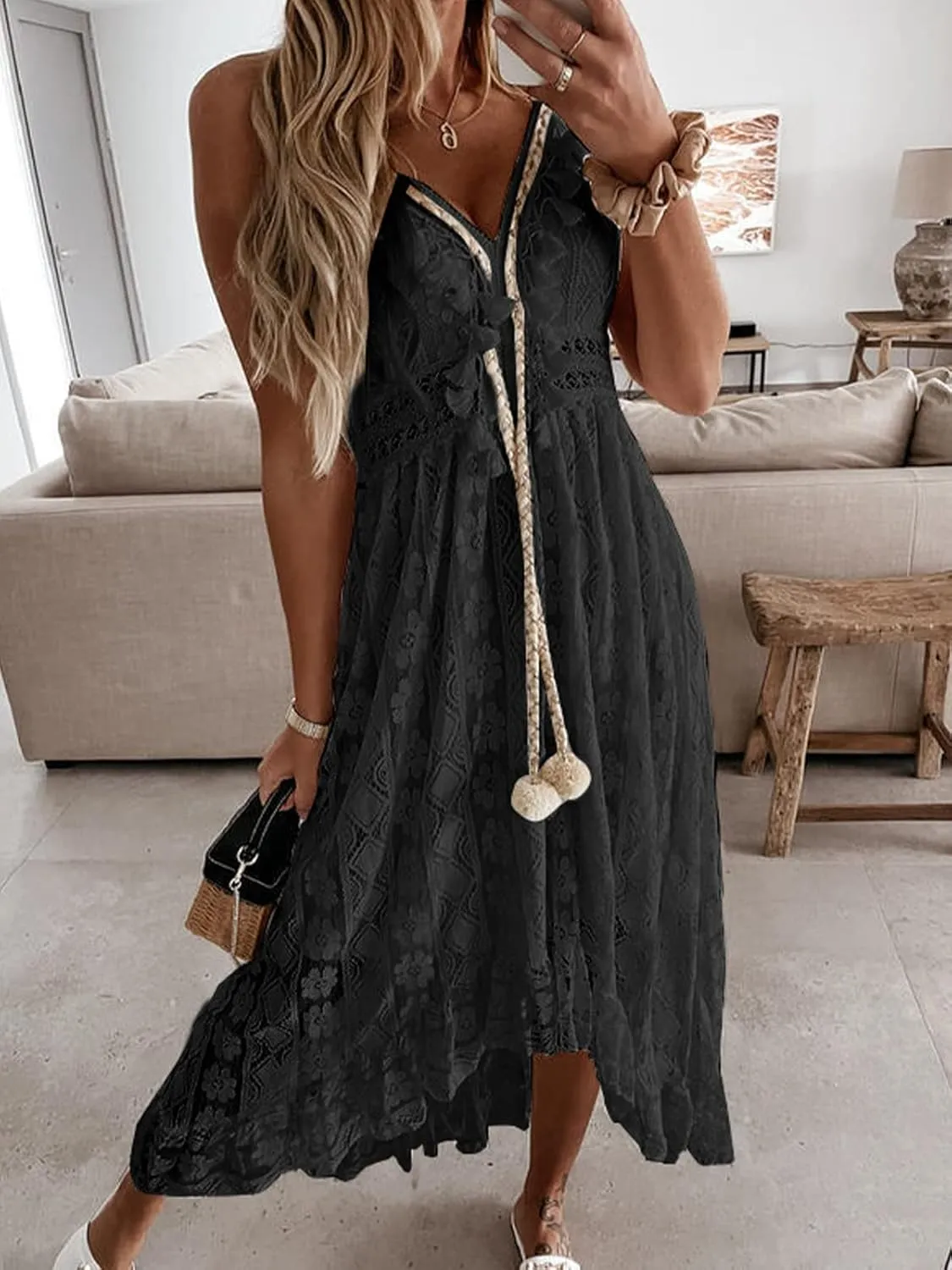 CUPSHE Women's Summer Dresses Sleeveless Lace Casual Tassel Beach Spaghetti Straps Flowy Maxi Sun Dress