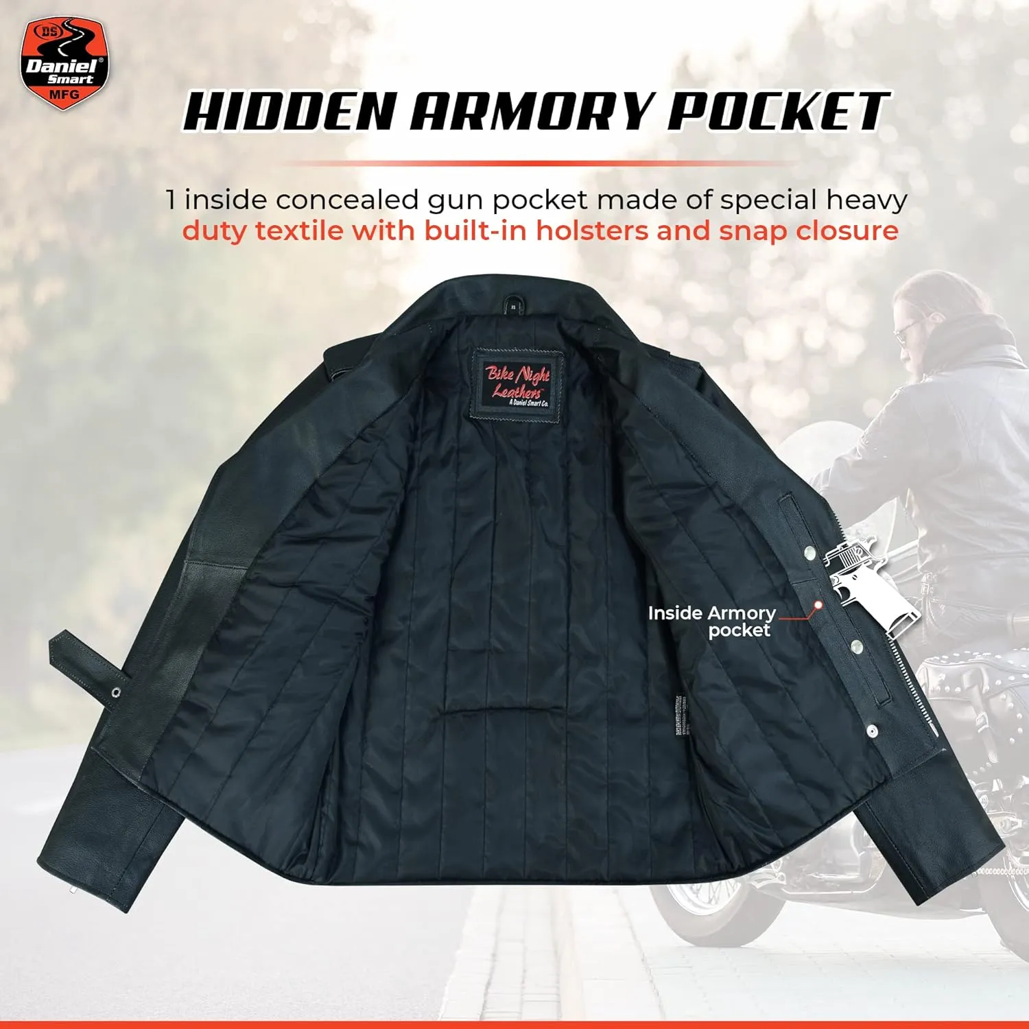 Daniel Smart Men Motorcycle Leather Jacket Black Economy Biker Leather Jacket with Concealment Armory Pocket