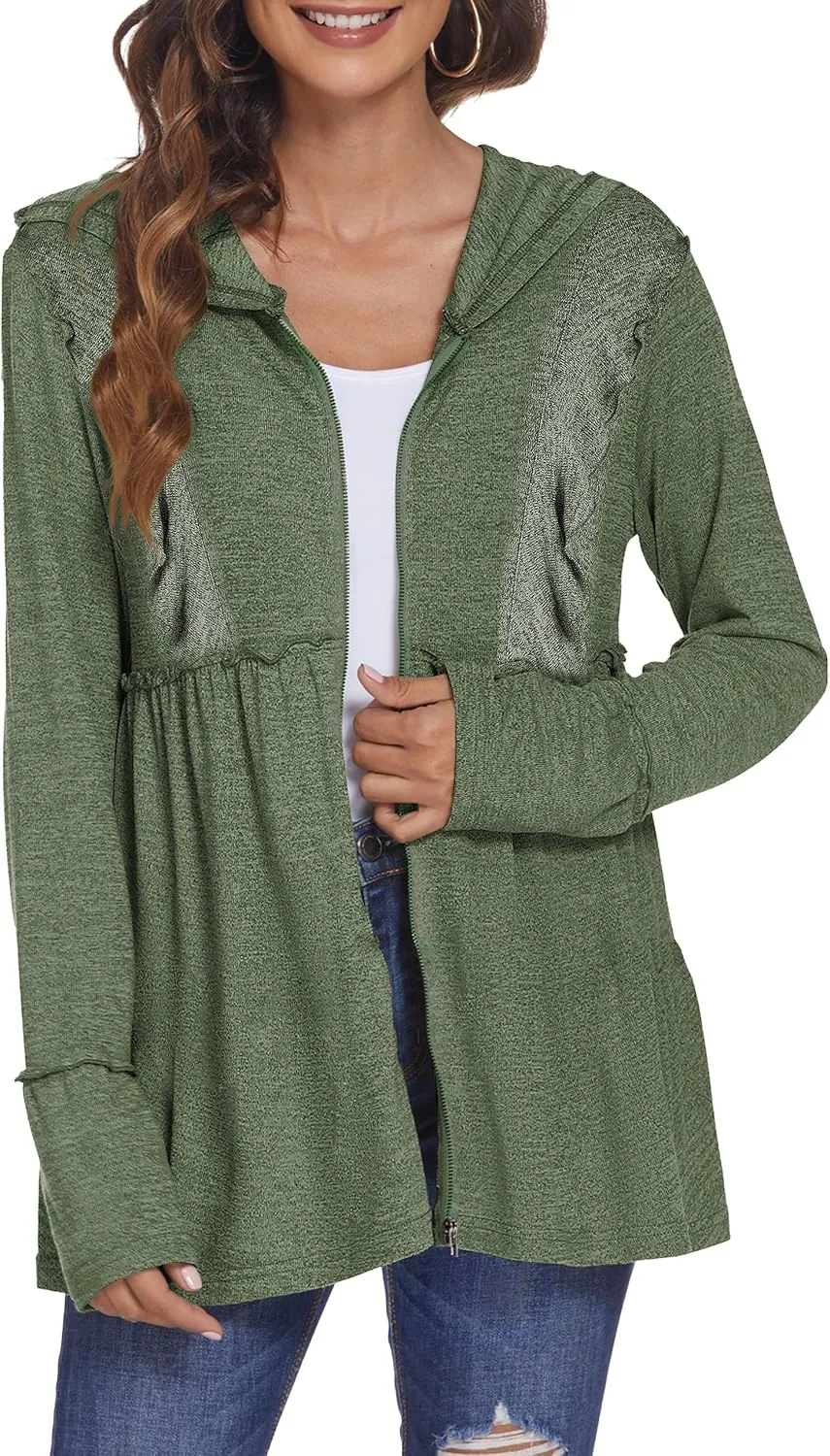 DEESHA Full Zip Up Hoodie for Women Pleated Tiered Ruffle Hooded Sweatshirts Jacket Coat Long Sleeve(Pink, Medium)