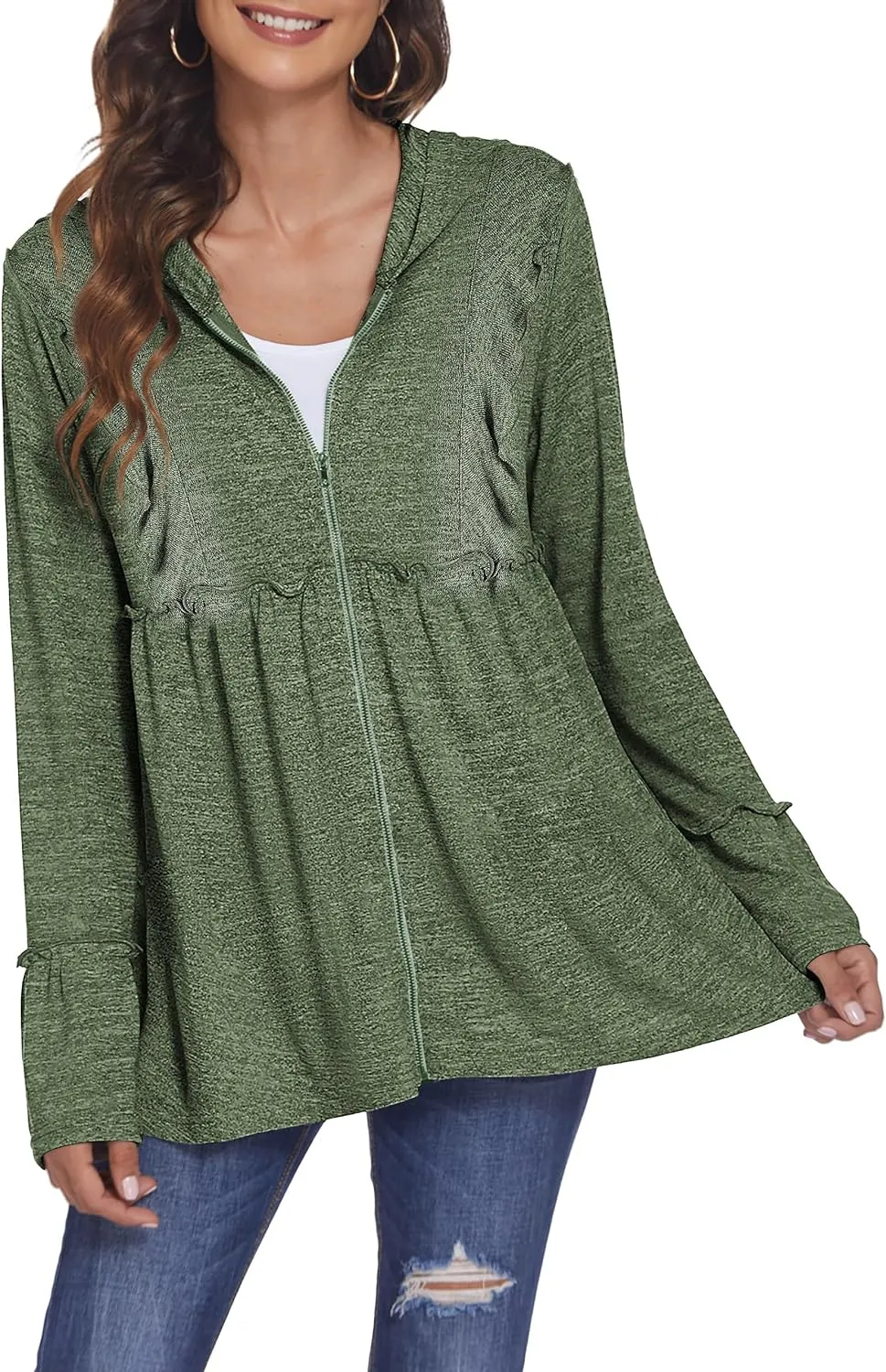 DEESHA Full Zip Up Hoodie for Women Pleated Tiered Ruffle Hooded Sweatshirts Jacket Coat Long Sleeve(Pink, Medium)