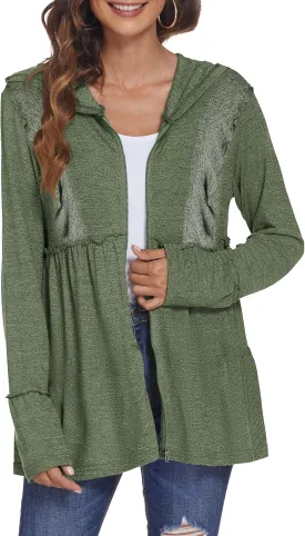 DEESHA Full Zip Up Hoodie for Women Pleated Tiered Ruffle Hooded Sweatshirts Jacket Coat Long Sleeve(Pink, Medium)