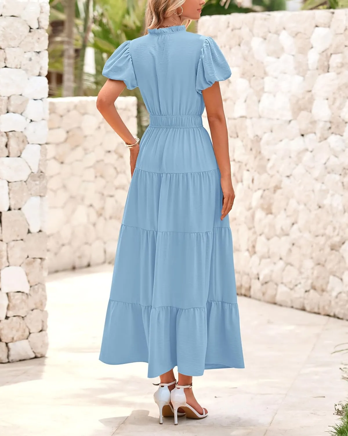 dowerme Womens Summer Dresses 2025 Casual Puff Sleeve V Neck Smocked Waist A-Line Tiered Maxi Prom Dress with Pockets