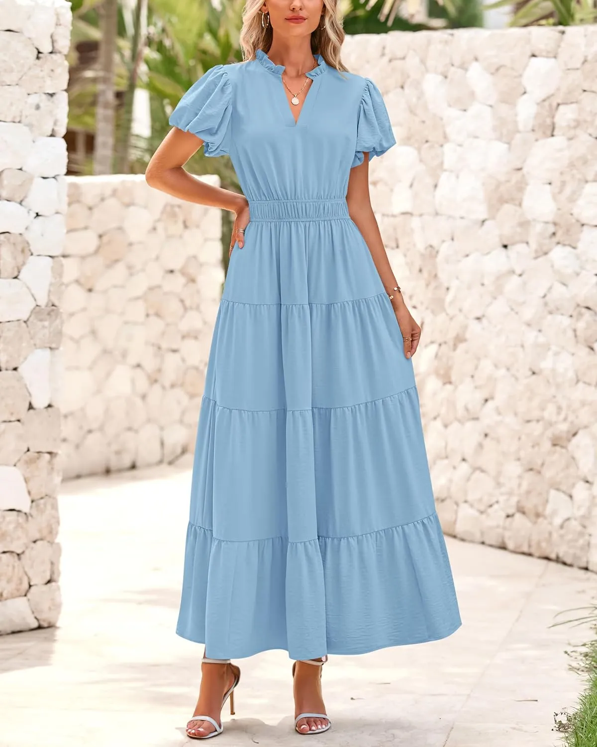 dowerme Womens Summer Dresses 2025 Casual Puff Sleeve V Neck Smocked Waist A-Line Tiered Maxi Prom Dress with Pockets