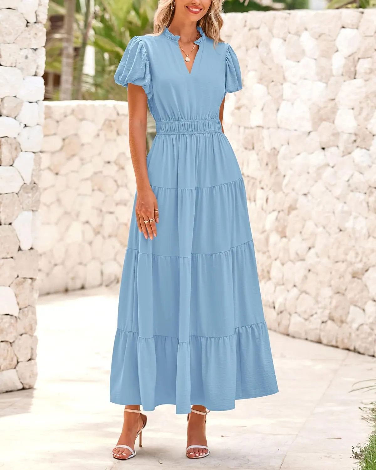 dowerme Womens Summer Dresses 2025 Casual Puff Sleeve V Neck Smocked Waist A-Line Tiered Maxi Prom Dress with Pockets