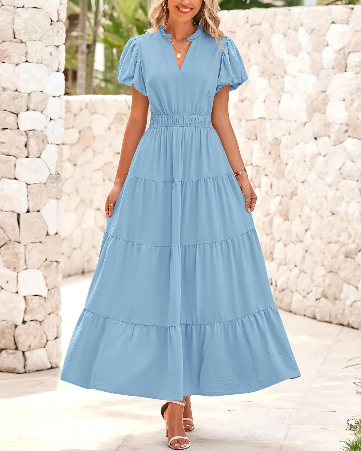 dowerme Womens Summer Dresses 2025 Casual Puff Sleeve V Neck Smocked Waist A-Line Tiered Maxi Prom Dress with Pockets