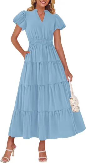 dowerme Womens Summer Dresses 2025 Casual Puff Sleeve V Neck Smocked Waist A-Line Tiered Maxi Prom Dress with Pockets