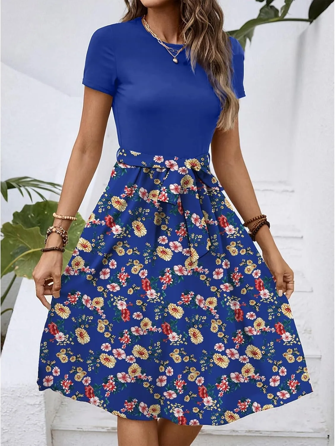 Dresses for Women 2025 Summer Short Sleeve Crew Neck Print Color Blocked Belt Dress Retro Cute A Line Dress