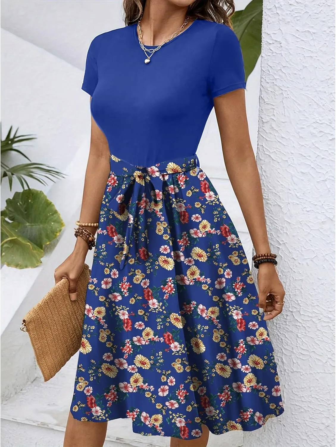 Dresses for Women 2025 Summer Short Sleeve Crew Neck Print Color Blocked Belt Dress Retro Cute A Line Dress