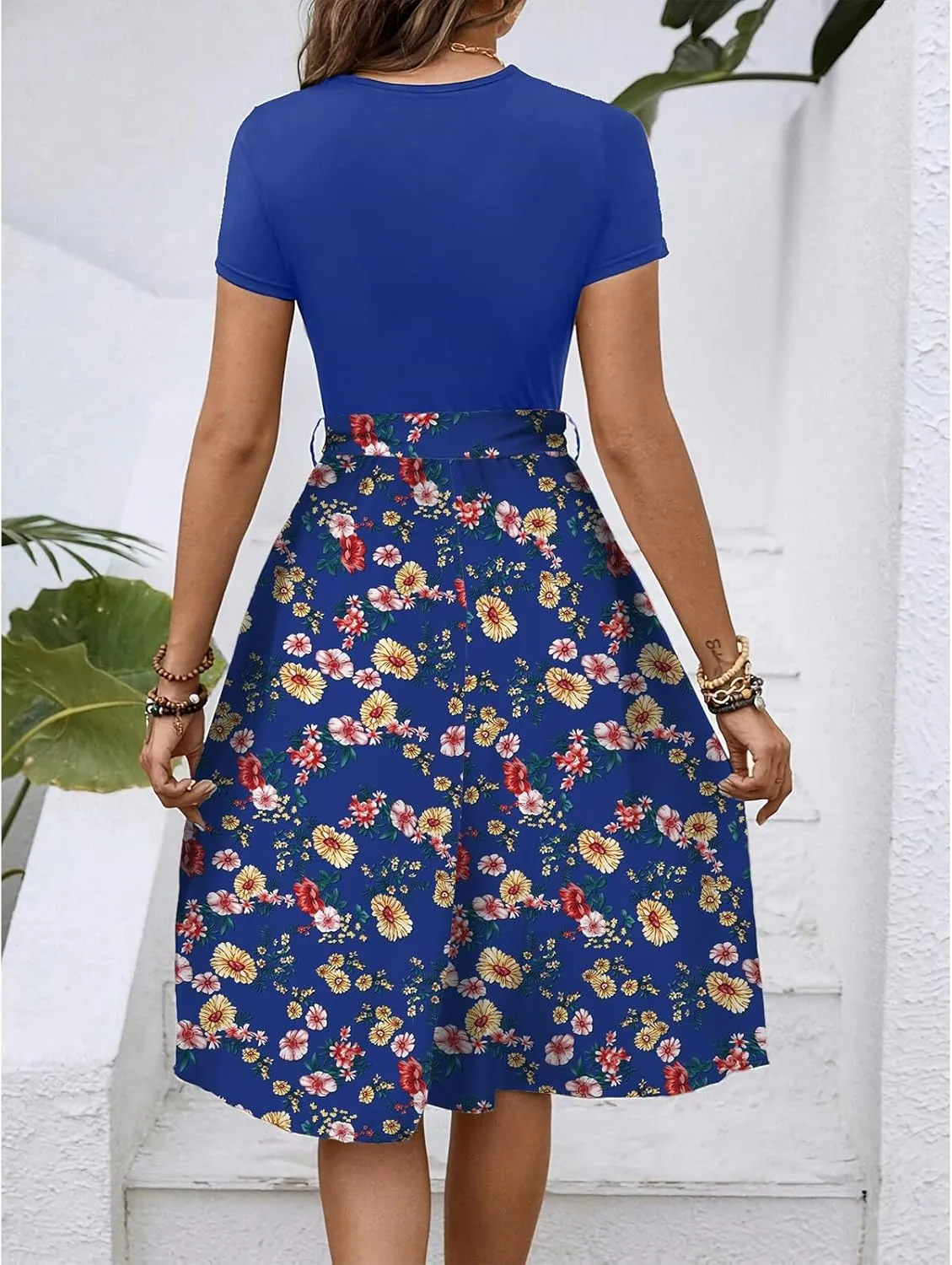Dresses for Women 2025 Summer Short Sleeve Crew Neck Print Color Blocked Belt Dress Retro Cute A Line Dress