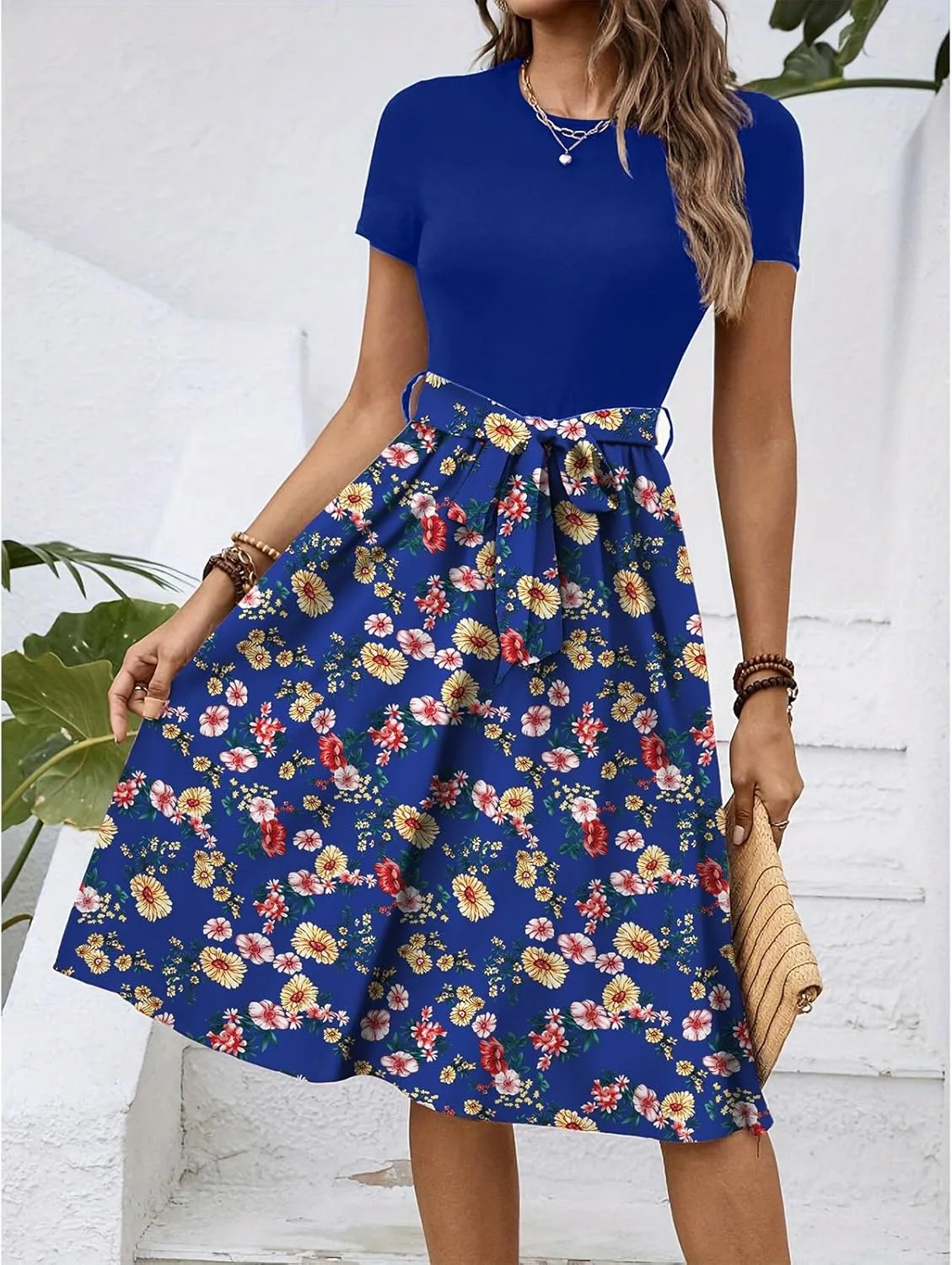 Dresses for Women 2025 Summer Short Sleeve Crew Neck Print Color Blocked Belt Dress Retro Cute A Line Dress