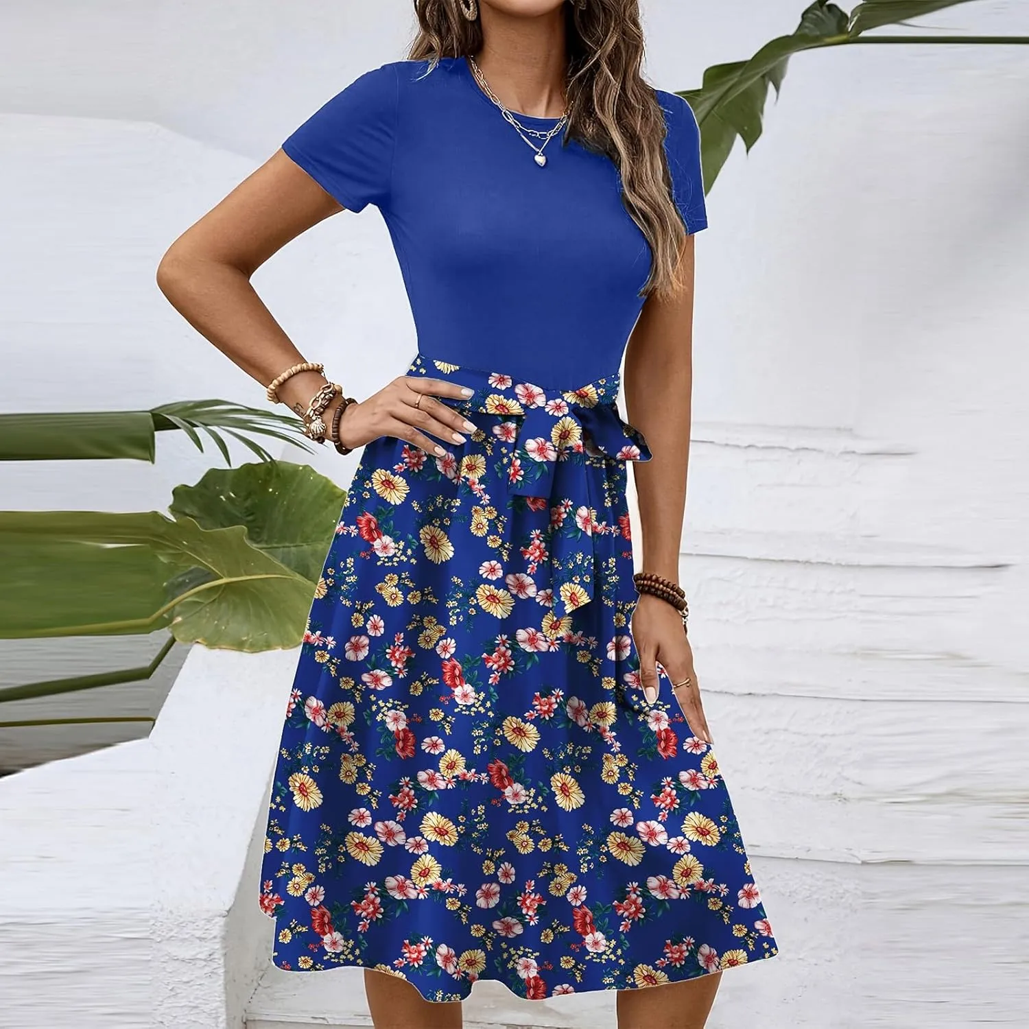 Dresses for Women 2025 Summer Short Sleeve Crew Neck Print Color Blocked Belt Dress Retro Cute A Line Dress