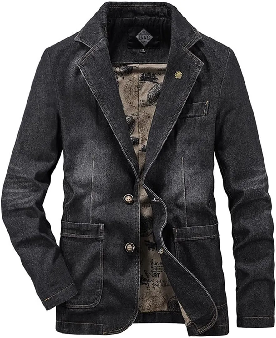 ebossy Men's Classic 2-Button Blazer Notched Lapel Distressed Denim Jakcet Sport Coat
