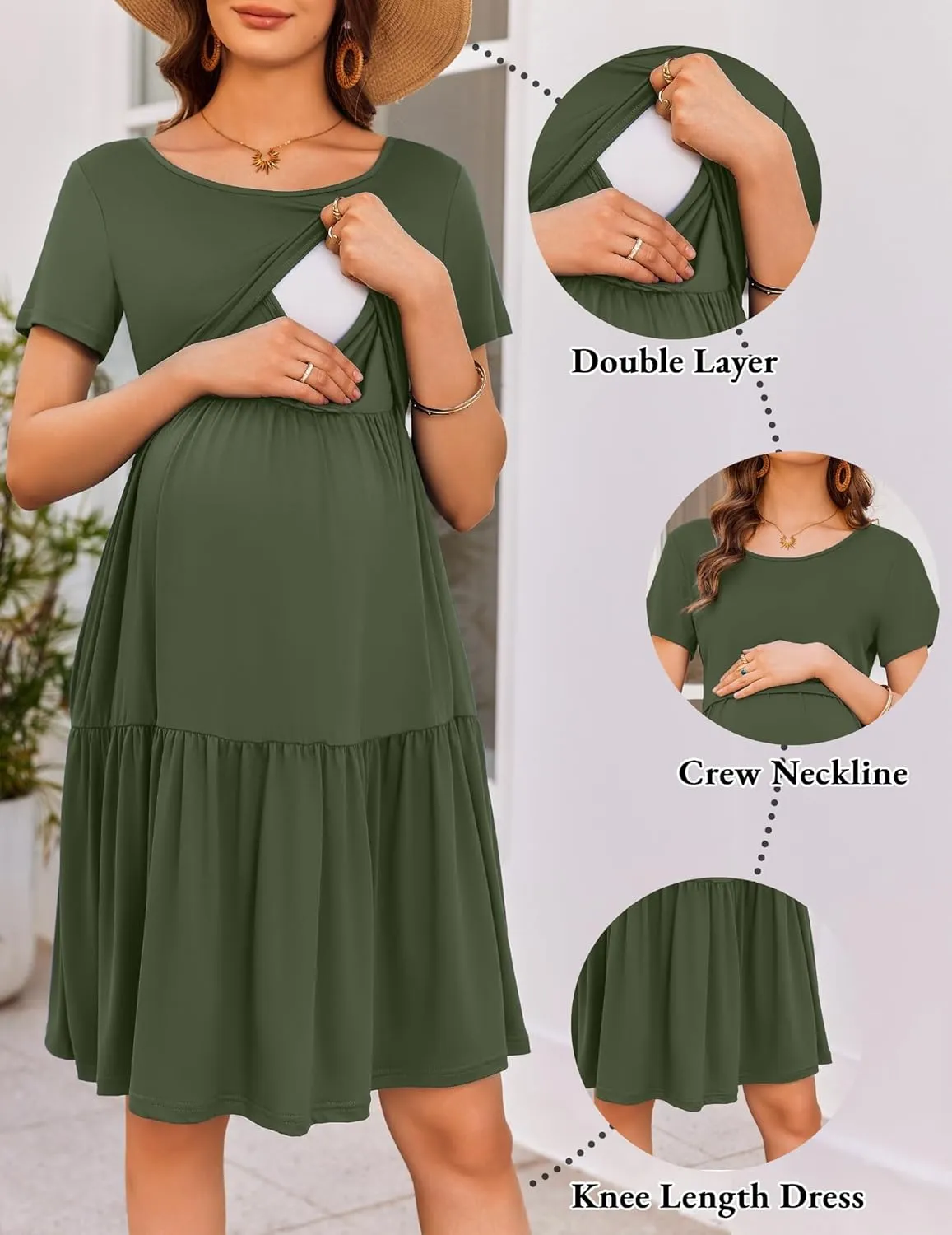 Ekouaer Nursing Dress Summer Short Sleeve Breastfeeding Casual Knee Length Maternity Dresses S-XXL