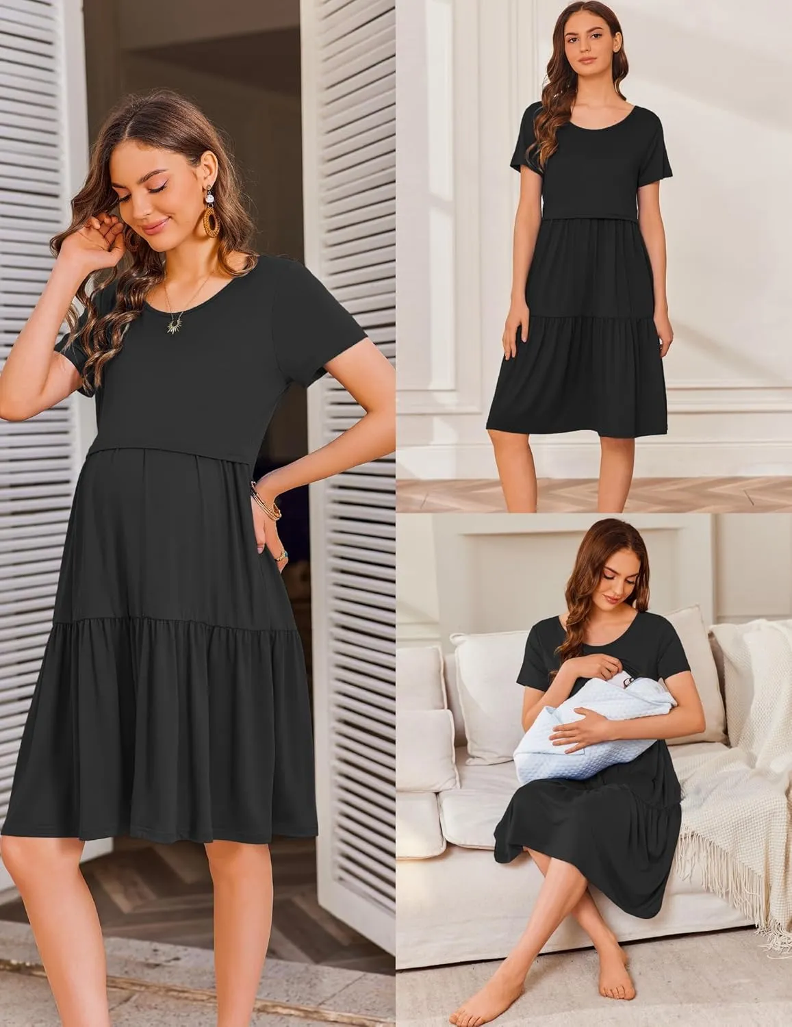 Ekouaer Nursing Dress Summer Short Sleeve Breastfeeding Casual Knee Length Maternity Dresses S-XXL