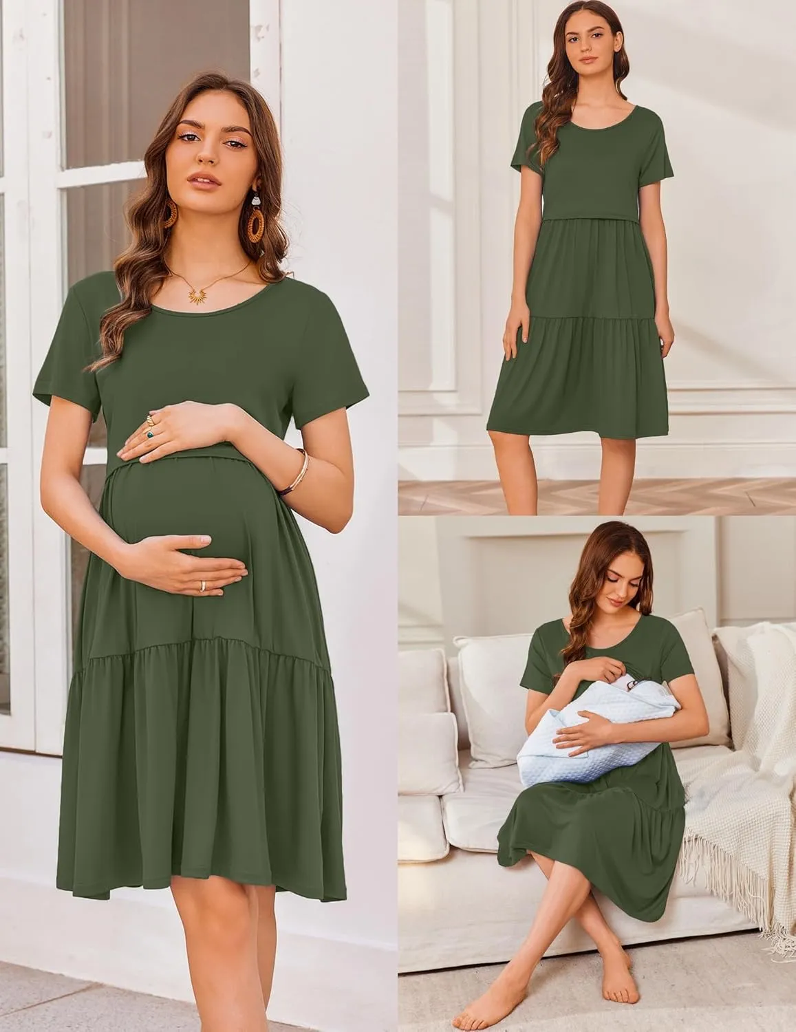 Ekouaer Nursing Dress Summer Short Sleeve Breastfeeding Casual Knee Length Maternity Dresses S-XXL