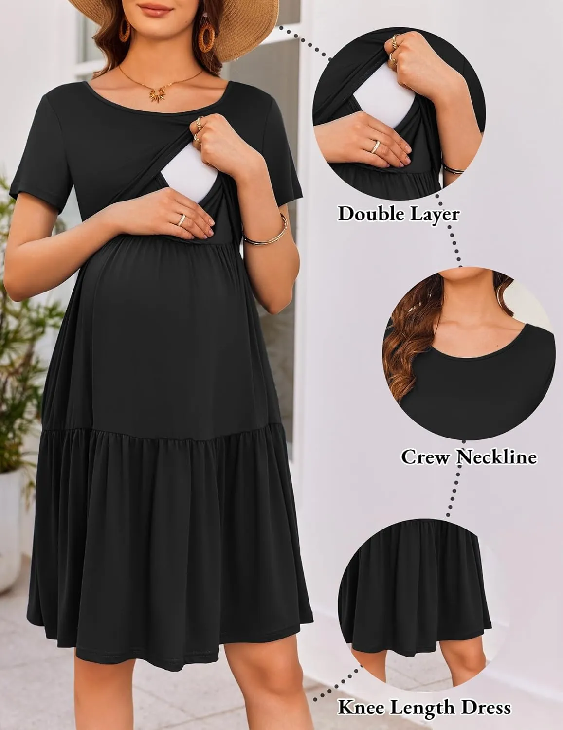 Ekouaer Nursing Dress Summer Short Sleeve Breastfeeding Casual Knee Length Maternity Dresses S-XXL
