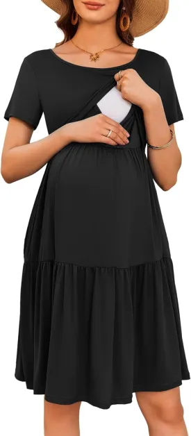 Ekouaer Nursing Dress Summer Short Sleeve Breastfeeding Casual Knee Length Maternity Dresses S-XXL