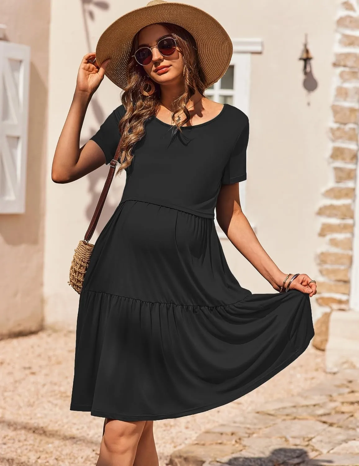 Ekouaer Nursing Dress Summer Short Sleeve Breastfeeding Casual Knee Length Maternity Dresses S-XXL