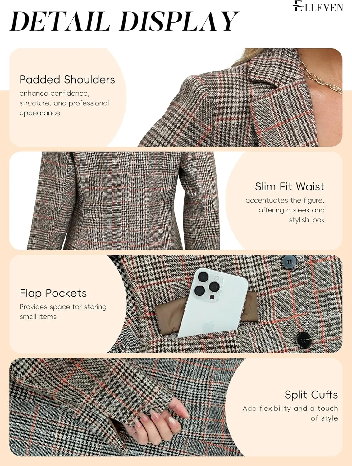 ELLEVEN Women's Lapel Collar Plaid 2 Button Boyfriend Blazer Suit Houndstooth Work Office Blazer Jacket