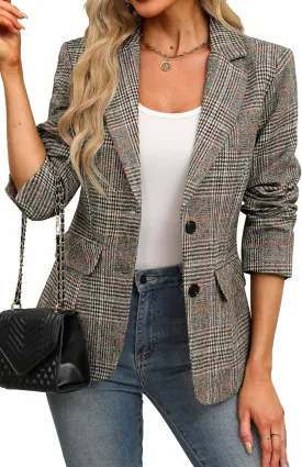 ELLEVEN Women's Lapel Collar Plaid 2 Button Boyfriend Blazer Suit Houndstooth Work Office Blazer Jacket