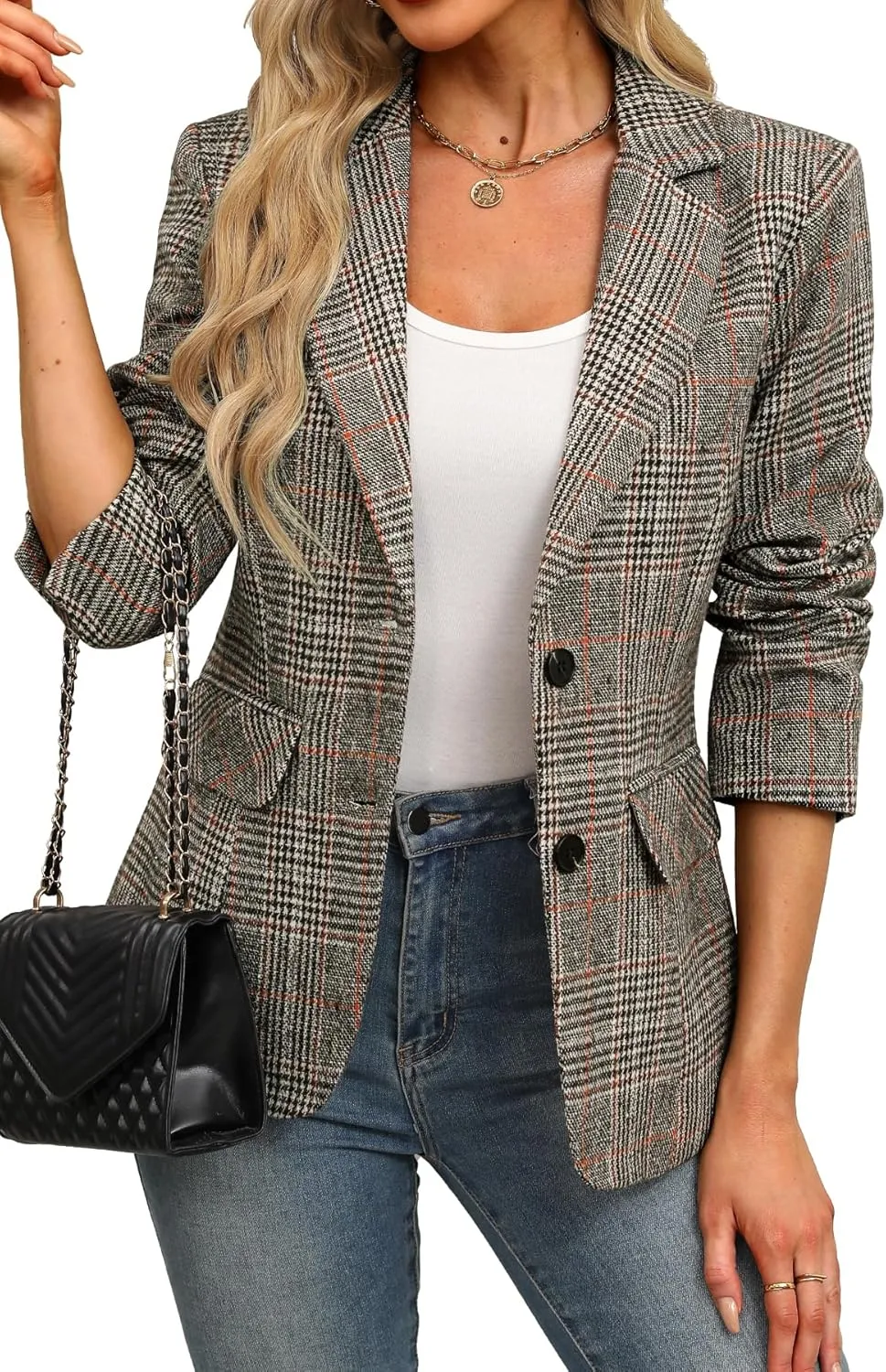 ELLEVEN Women's Lapel Collar Plaid 2 Button Boyfriend Blazer Suit Houndstooth Work Office Blazer Jacket