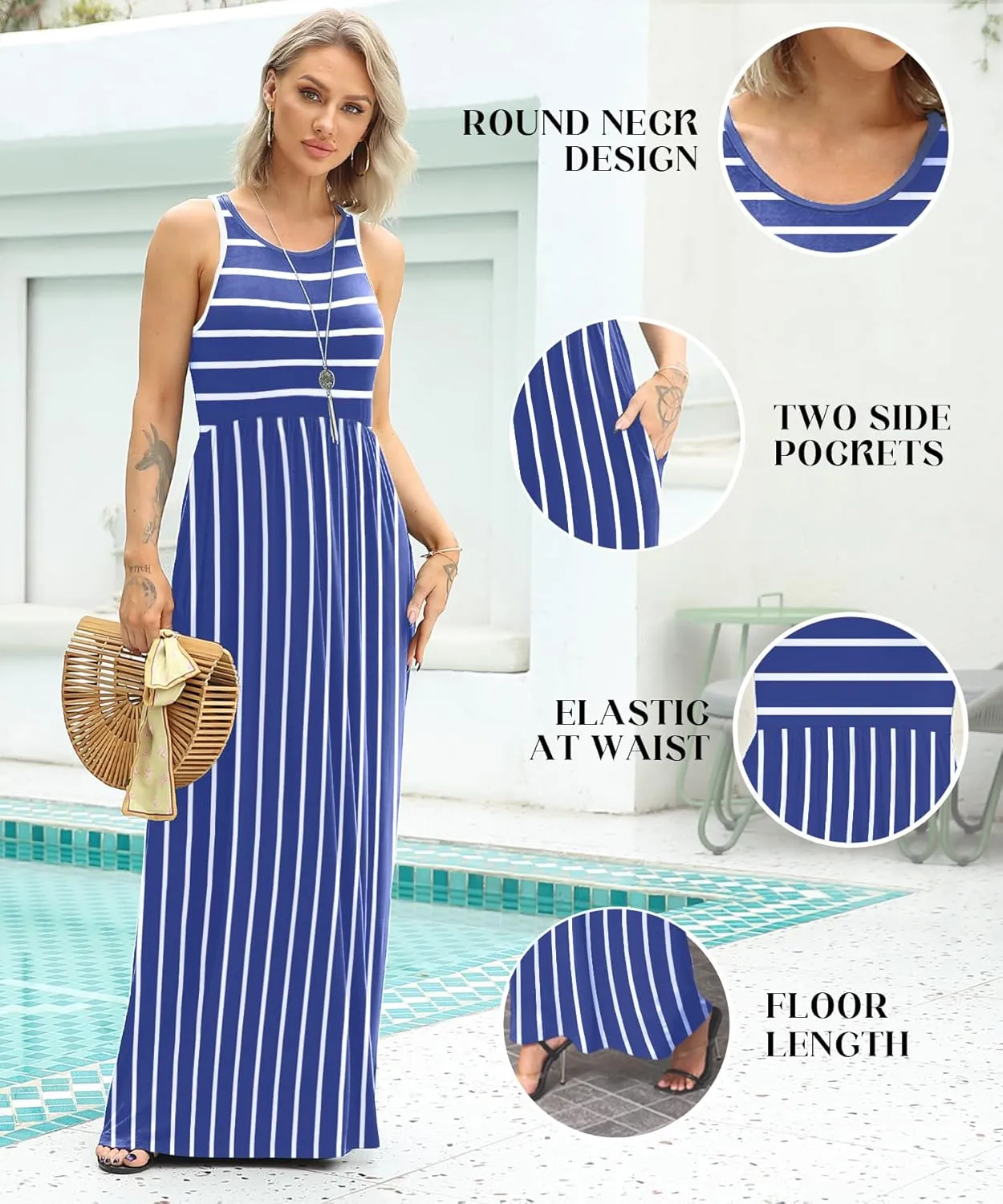 EUOVMY Women's Sleeveless Dress Casual Plain Loose Summer Vacation Long Maxi Dresses with Pockets