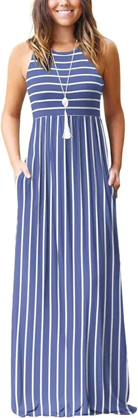 EUOVMY Women's Sleeveless Dress Casual Plain Loose Summer Vacation Long Maxi Dresses with Pockets