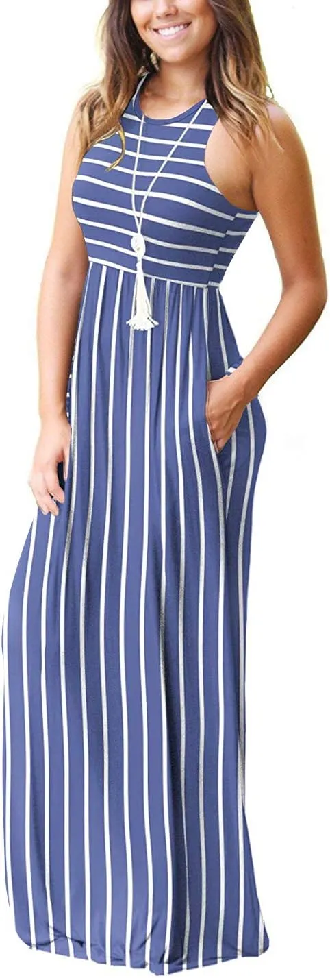 EUOVMY Women's Sleeveless Dress Casual Plain Loose Summer Vacation Long Maxi Dresses with Pockets