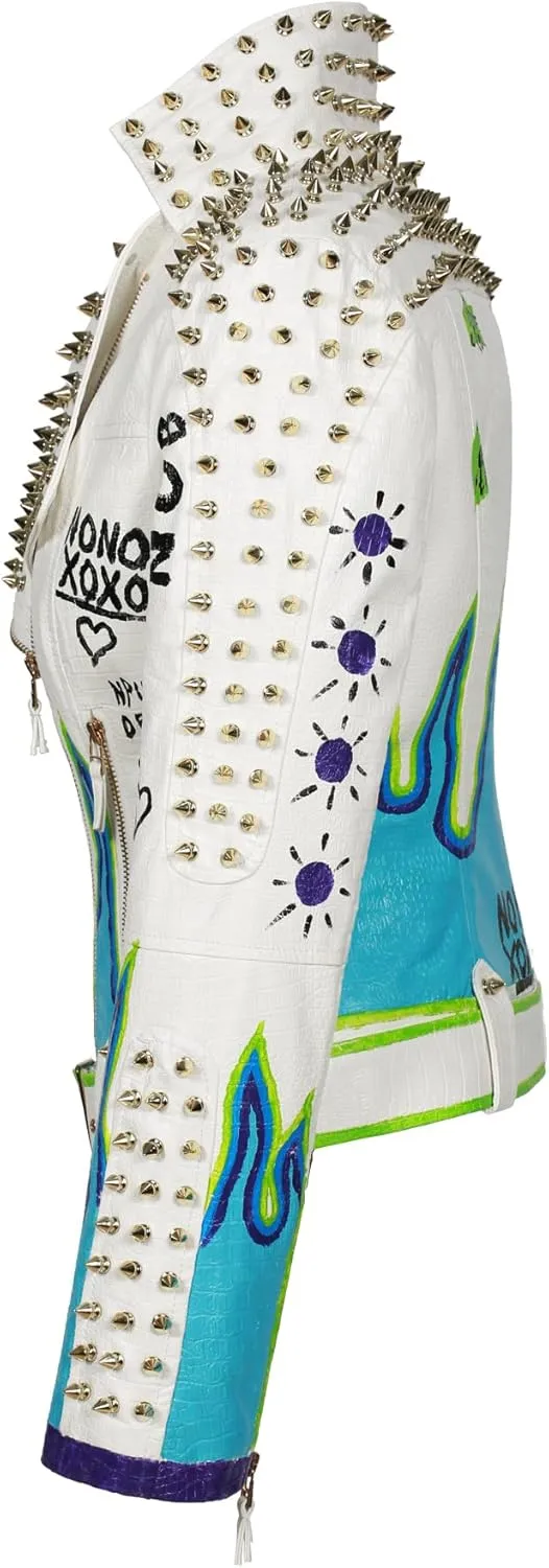Fashion SX Women's Punk Floral Embroidered short Faux Leather Jacket Hand-painted Moto PU Coat