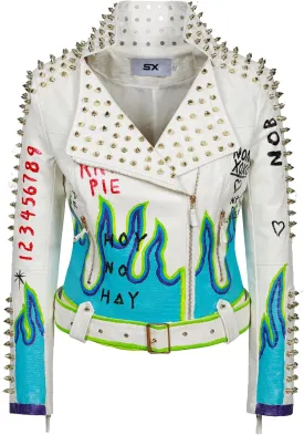Fashion SX Women's Punk Floral Embroidered short Faux Leather Jacket Hand-painted Moto PU Coat