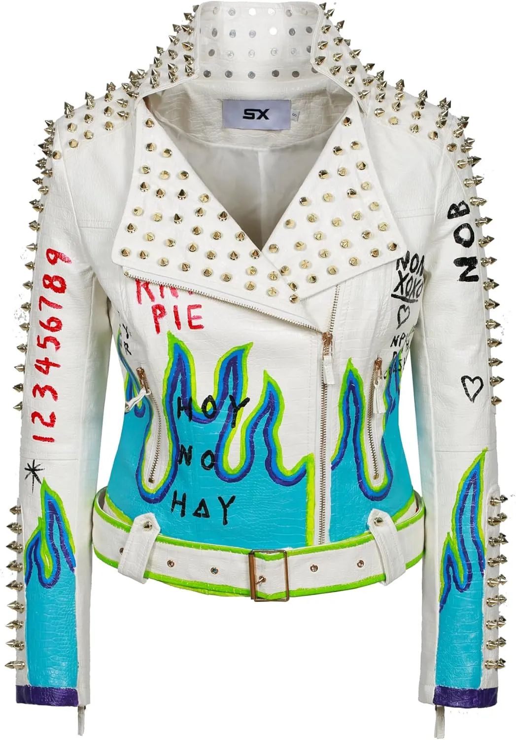 Fashion SX Women's Punk Floral Embroidered short Faux Leather Jacket Hand-painted Moto PU Coat