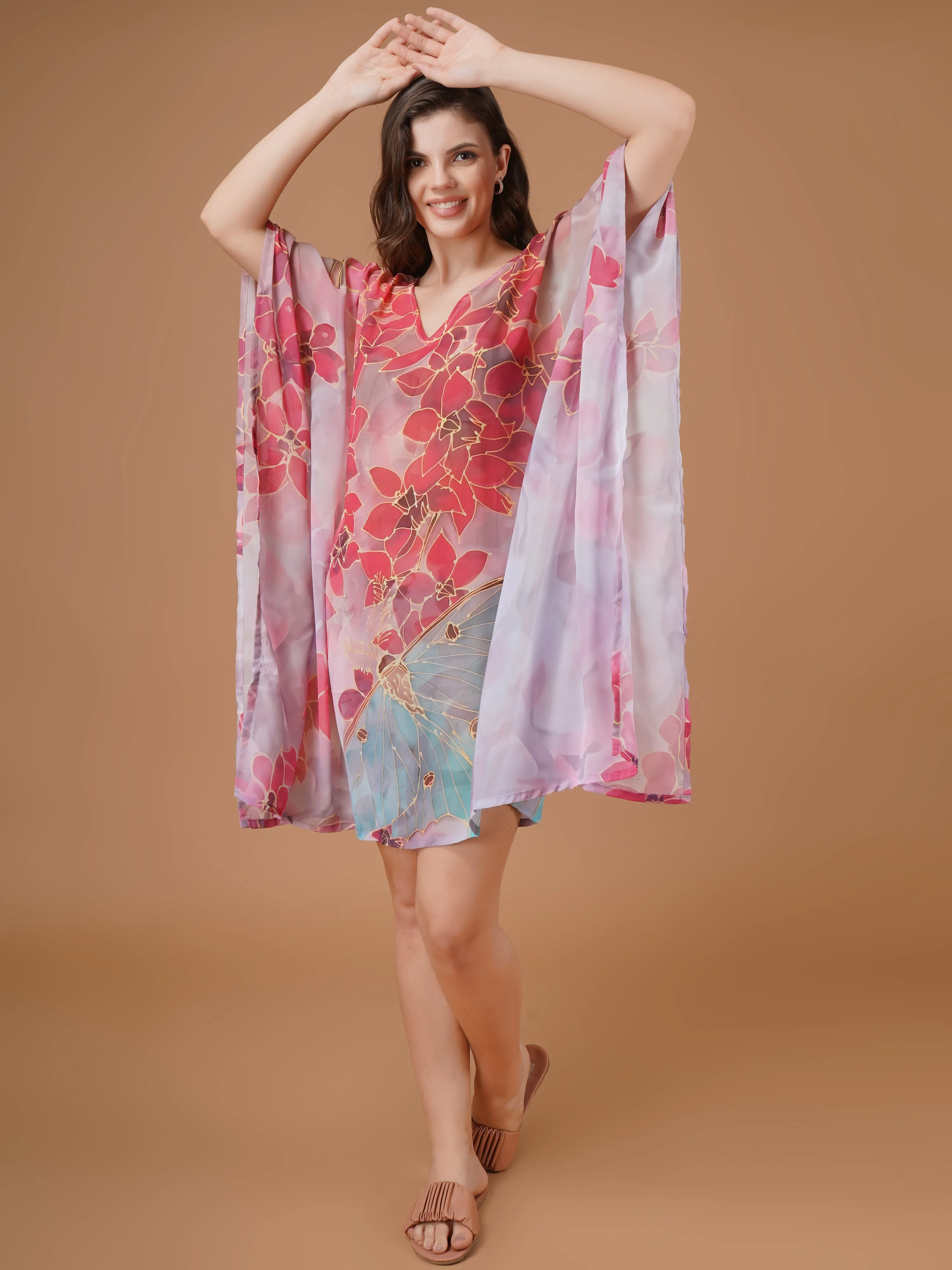 Floral Digital Printed Feather Georgette Fabric Kaftan Midi Dress