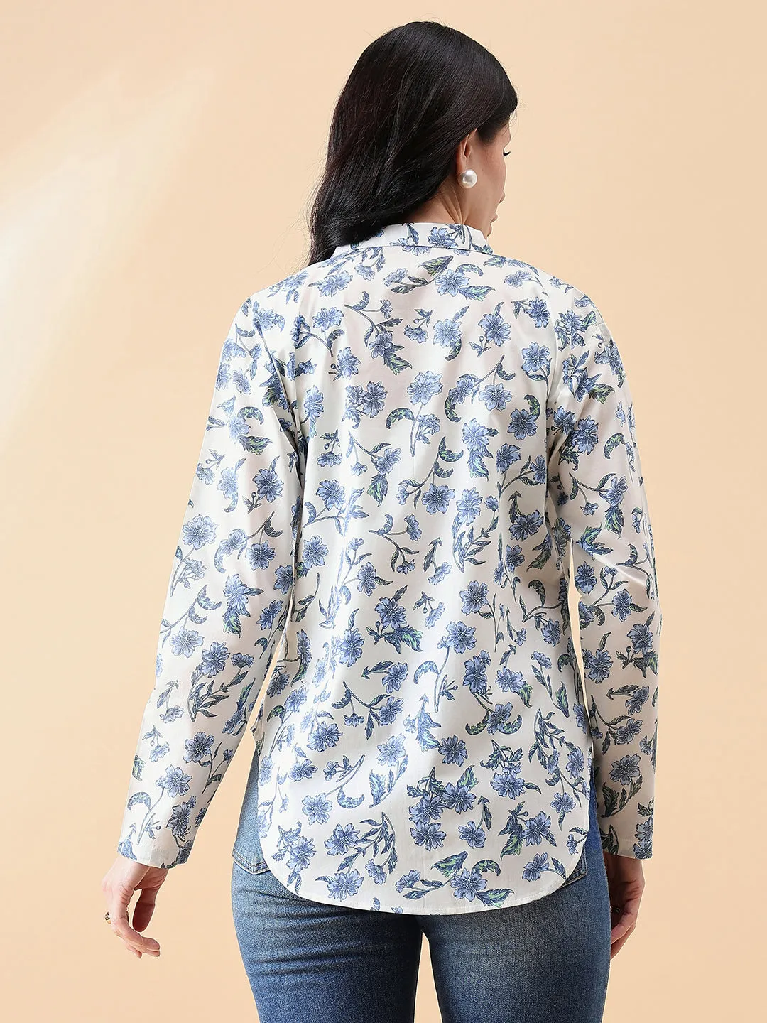 Front Open Cambric Printed Jacket- white and blue