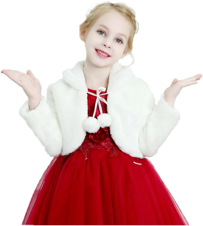 Girls Faux Fur Bolero White Fur Coat Jacket Princess Shawl Shrug Bridesmaid Tippet Cape Cardigan for Wedding Party