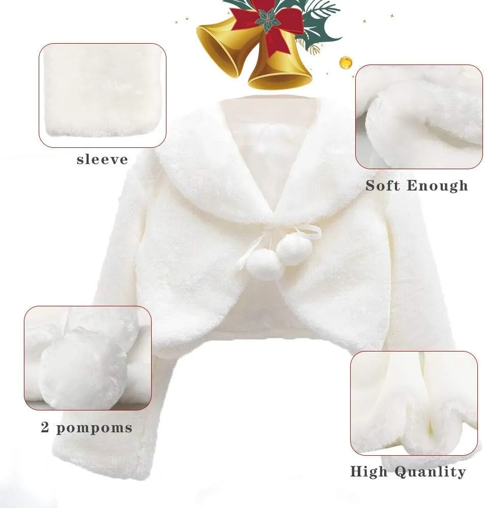 Girls Faux Fur Bolero White Fur Coat Jacket Princess Shawl Shrug Bridesmaid Tippet Cape Cardigan for Wedding Party