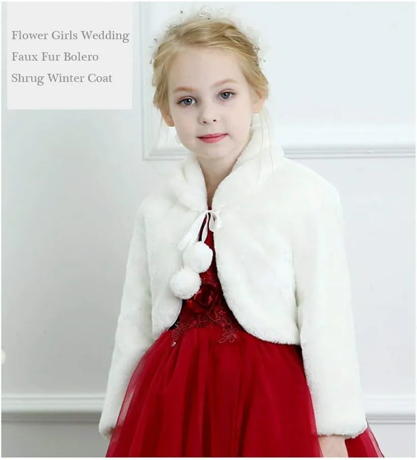 Girls Faux Fur Bolero White Fur Coat Jacket Princess Shawl Shrug Bridesmaid Tippet Cape Cardigan for Wedding Party