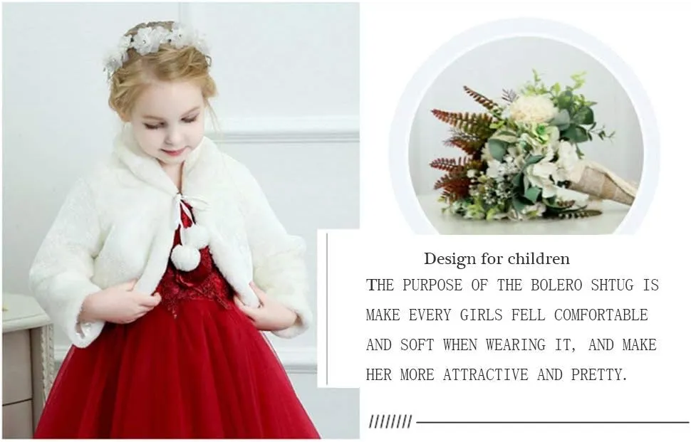 Girls Faux Fur Bolero White Fur Coat Jacket Princess Shawl Shrug Bridesmaid Tippet Cape Cardigan for Wedding Party